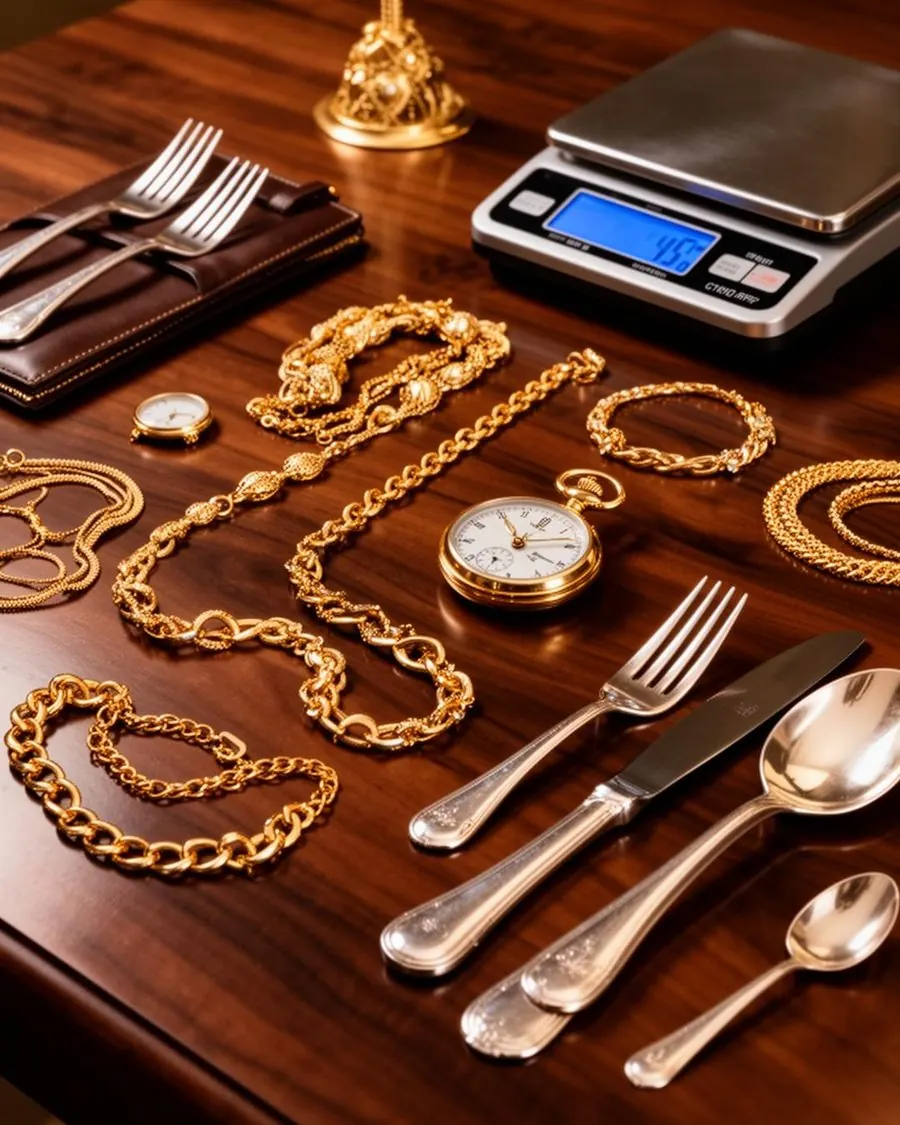 Gouden sieraden, zakhorloge en zilveren bestek klaar voor taxatie bij Goud Inkoop Huizen — waardebepaling in het Gooi