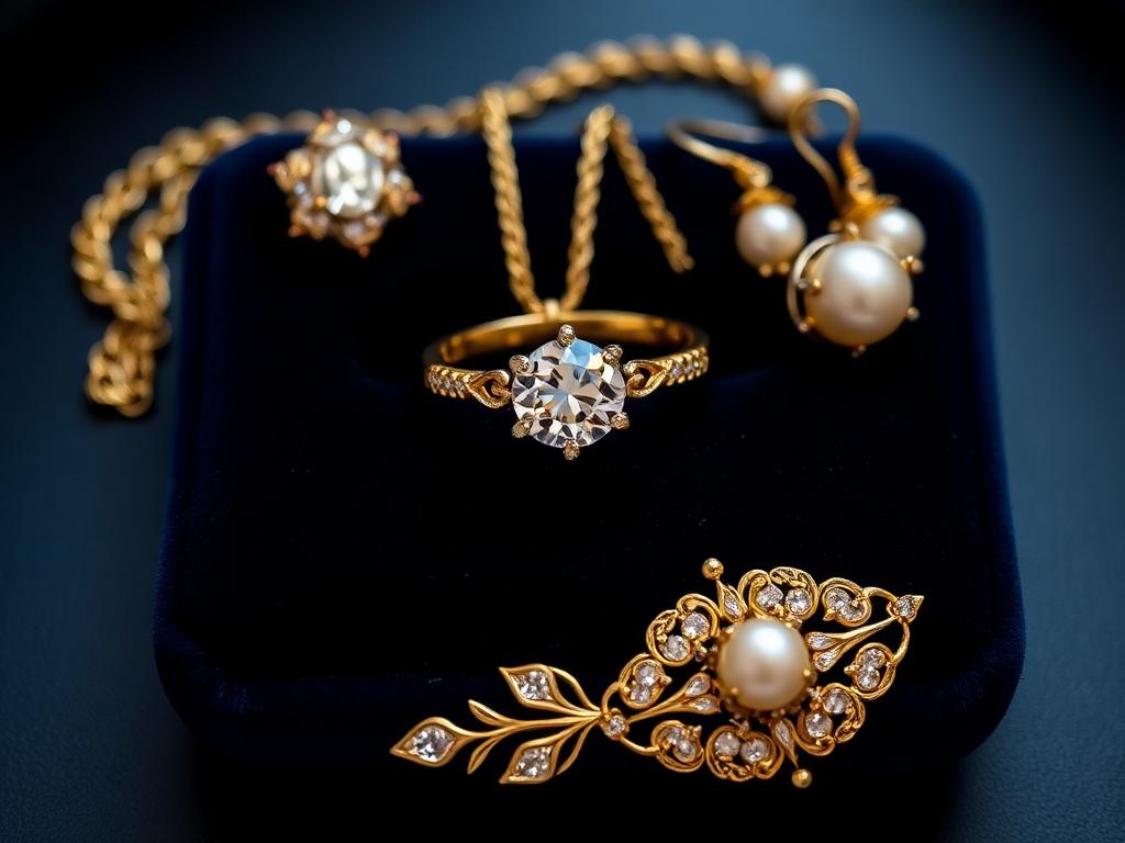 Diamanten ring, gouden broche en parelsieraden op donker fluweel — sieradentaxatie Huizen